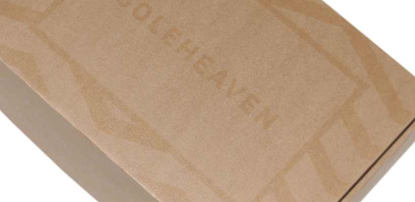 A brown kraft cardboard box with a spot varnish added to create branding and graphics