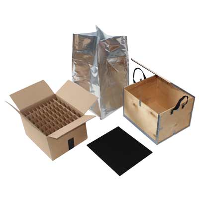 A collection of composite packaging products (bags, crates, foam etc.)