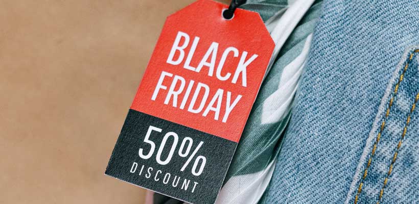 A black Friday price tag promoting a 50 per cent discount