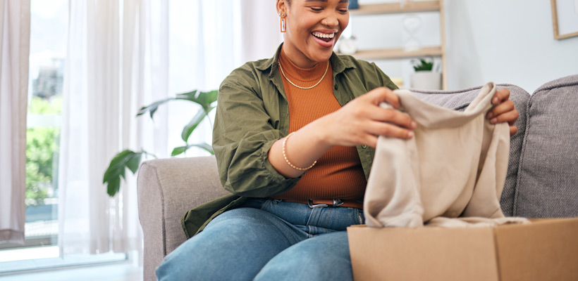 A person on a sofa opening an eCommerce packaging box