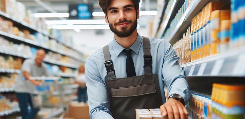 Packaging for supermarkets A supermarket employee stacking shelves