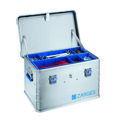 A Zarges Eurobox aluminium case with plastic toolbox inserts