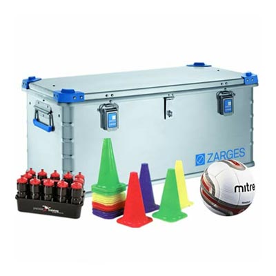 An aluminium kit skip with bottles, cones and footballs