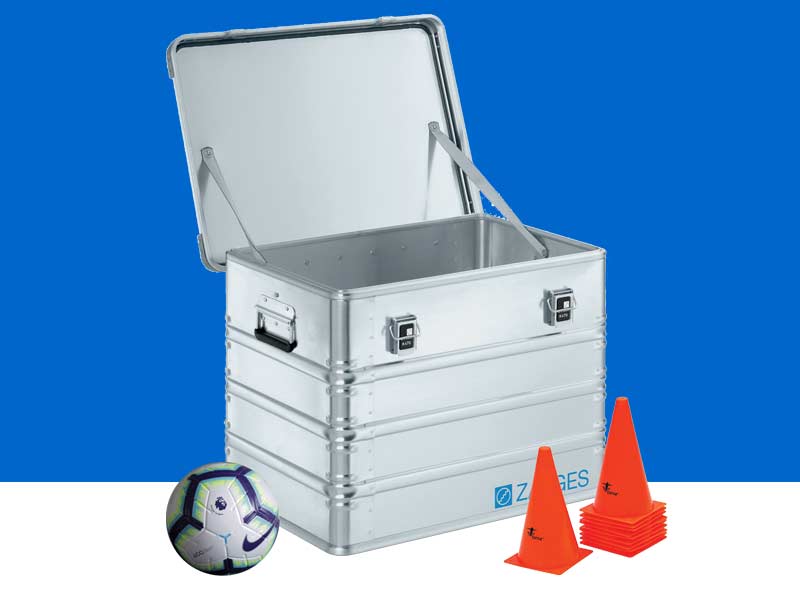 Aluminium travel skips An aluminium travel skip with football and training cones.