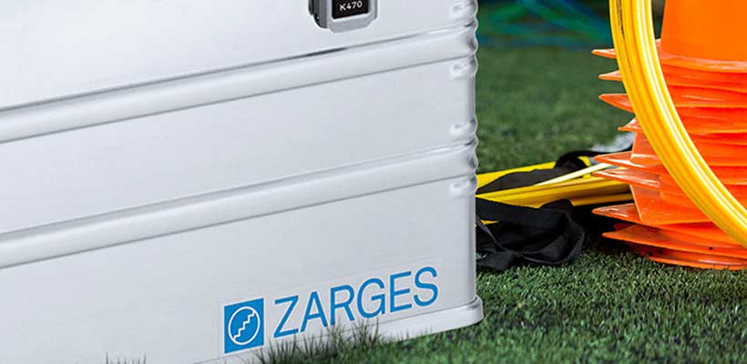 Football kit organiser Zarges football kit organiser on a grass pitch.