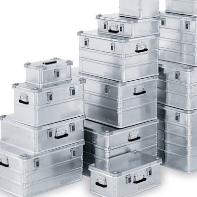 Lightweight aluminium skips A stack of lightweight aluminium skips.