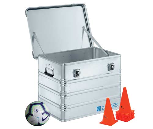 Kit skips An aluminium kit skip with football and training cones.