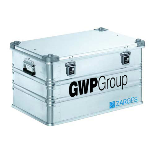 Branded travel-skip An aluminium travel skip with printed branding.