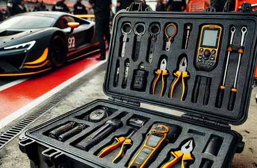 A motorsport case in a pit lane.