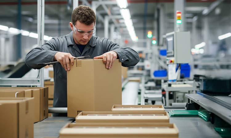 A person holding bespoke industrial packaging in a factory
