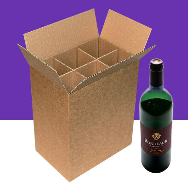 A bottle box with dividers next to a bottle of red wine.