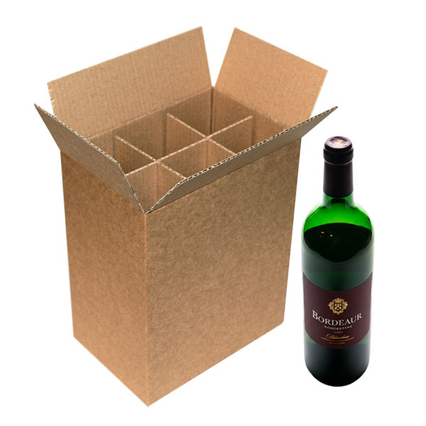Cardboard box with dividers next to a bottle of red wine