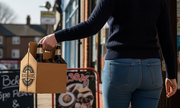 A person carrying a cardboard gift box containing beers.
