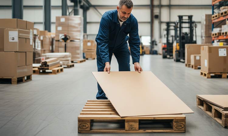 A person placing a cardboard slip sheet onto a pallet