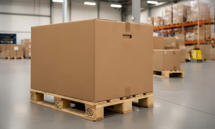 Cardboard pallet boxes and pallets A cardboard pallet box and pallet in a warehouse