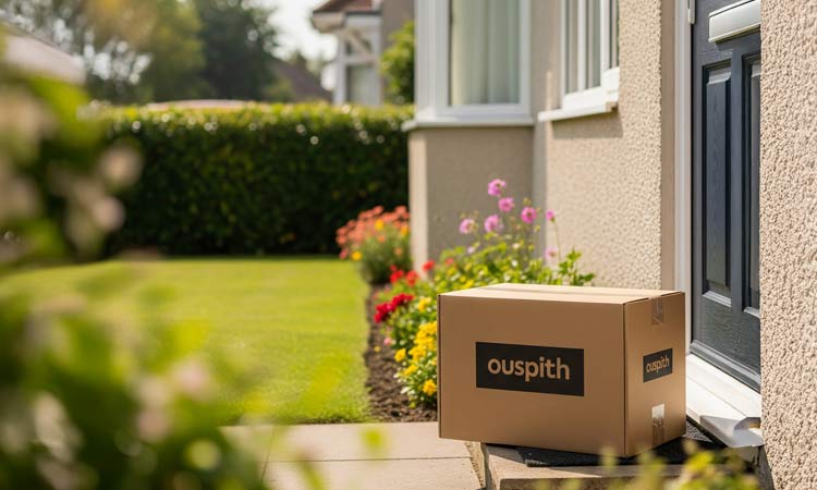 A cardboard subscription box left on a doorstep