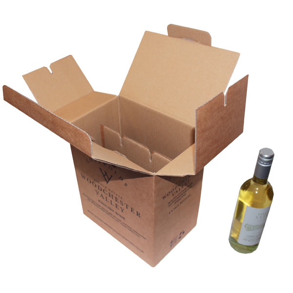 Open cardboard wine box with dividers