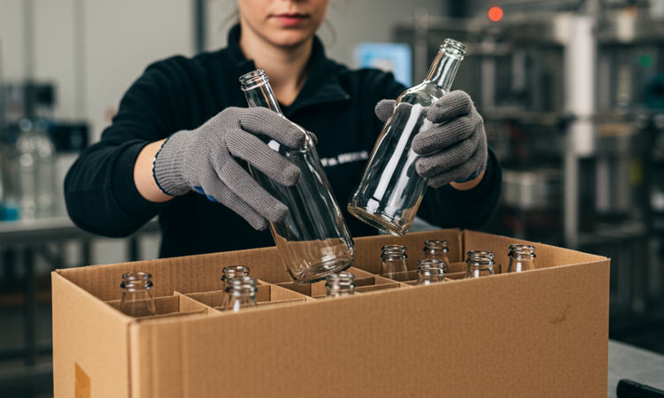 A person placing glass bottles into cardboard bottle packaging with dividers.