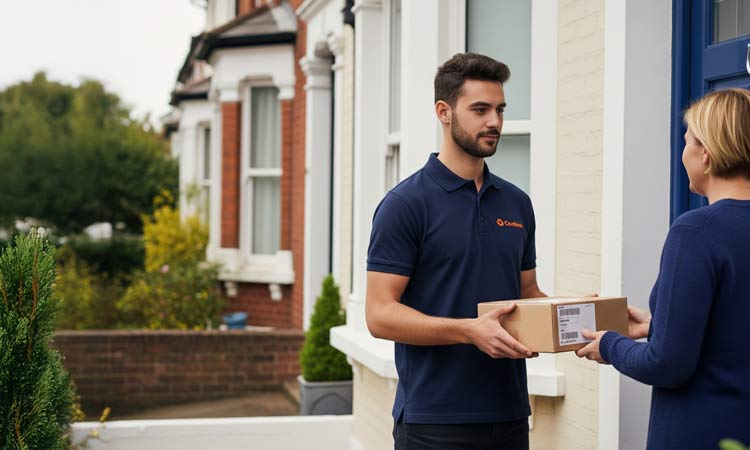 A courier delivering a custom eCommerce box to a persons' home