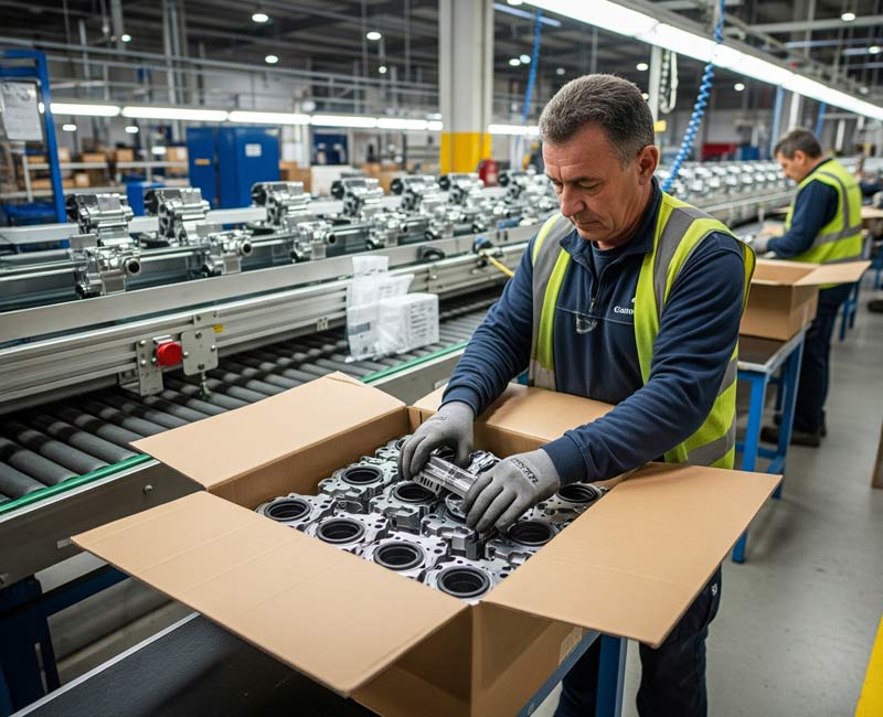 A person placing components into custom indusrial packaging