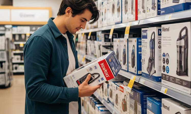 A person looking at products in custom printed cardboard boxes