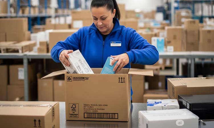 FSC cardboard boxes A person packing FSC cardboard boxes in a factory.