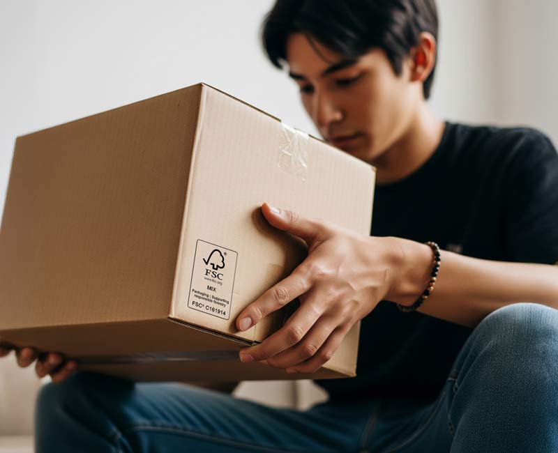 FSC certified packaging A person holding FSC certified packaging