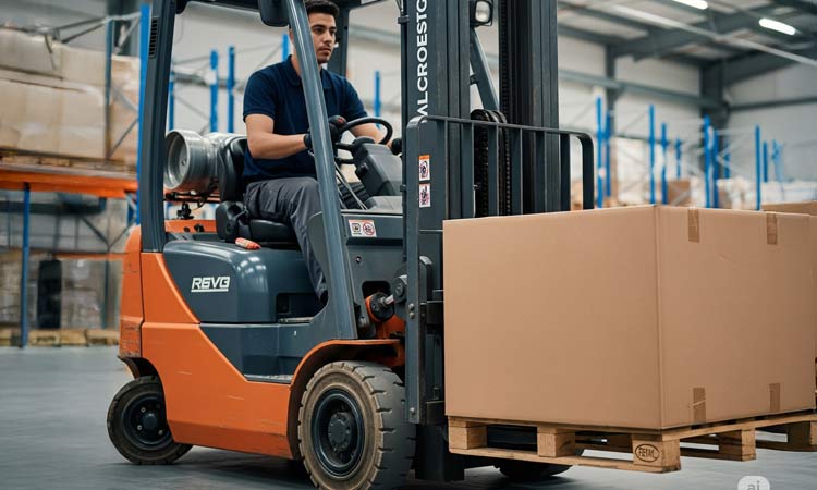 Pallet sized box A person driving a forklift carrying a pallet sized box