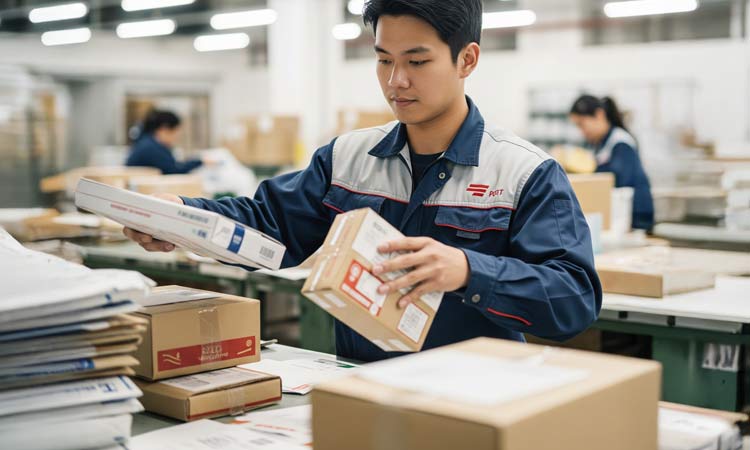 A person holding postal boxes in a sorting office