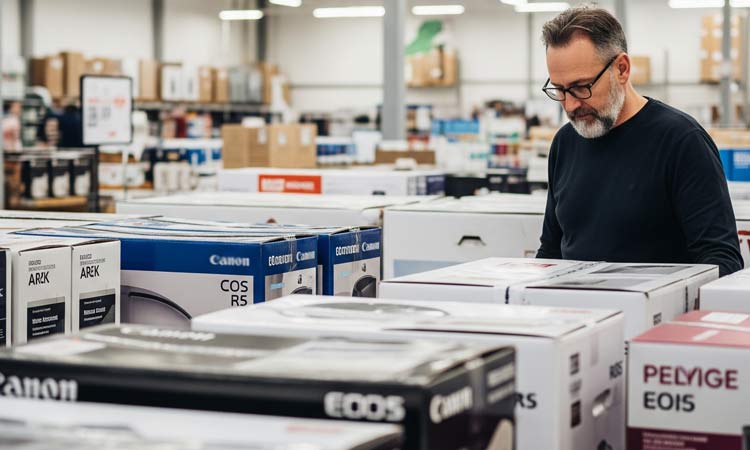 A person in a large retail store looking at products in pronted cardboard boxes