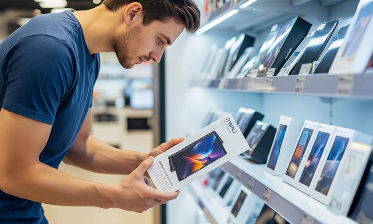 A person looking at printed cardboard packaging in a shop