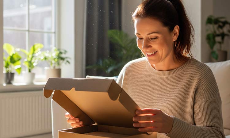 A person opening a printed die cut box in their home.