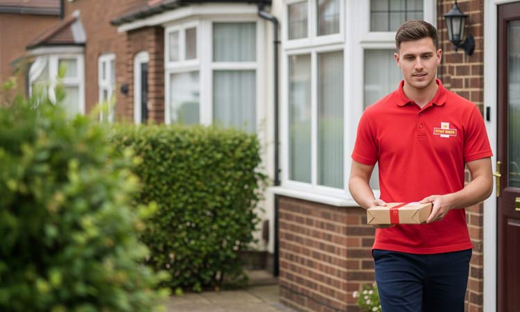 A Royal Mail postman carrying PIP boxes