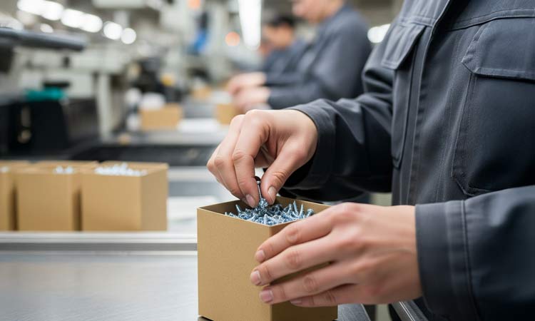Screw boxes A person removing items from screw boxes in a factory