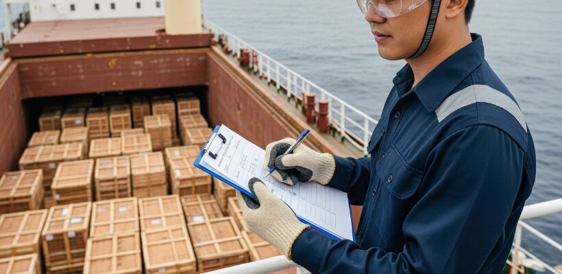 Seaworthy-packaging-2 a person stood with a clipboard with timber crates in the background