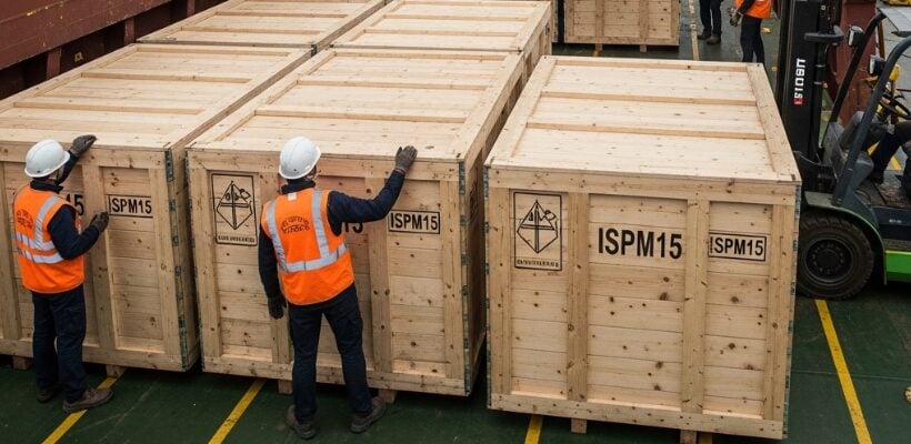 Seaworthy-packaging timber crates on a ship with people