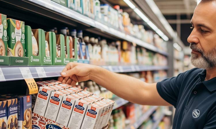 Shelf ready packaging A person loading shelf-ready packaging onto a shelf in a supermarket
