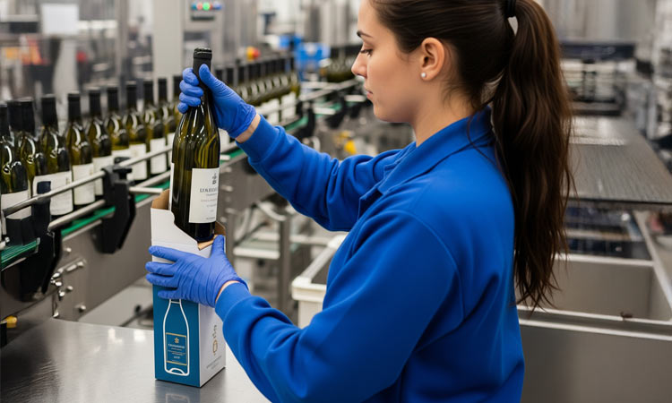 A person at a bottling plant placing a bottle into a cardboard mailer