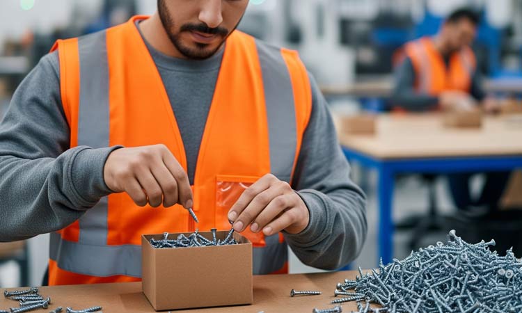 Solid fibreboard boxes A person placing screws into solid fibreboard boxes