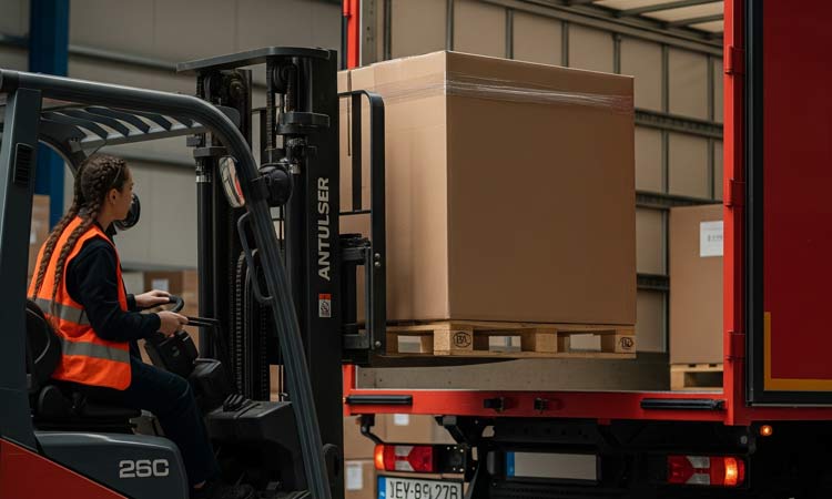 A person driving a forklift lifting Tri wall boxes into a vehicle