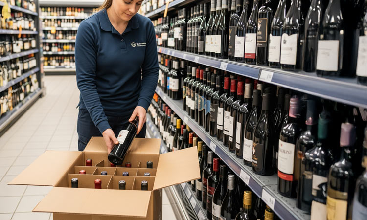 A person unloading wine bottles from cardboard packaging in a supermarket