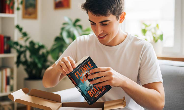 A person opening a cardboard book wrap