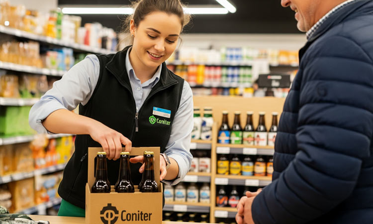 A shop assistant placing beer bottles into a cardboard bottle pack.