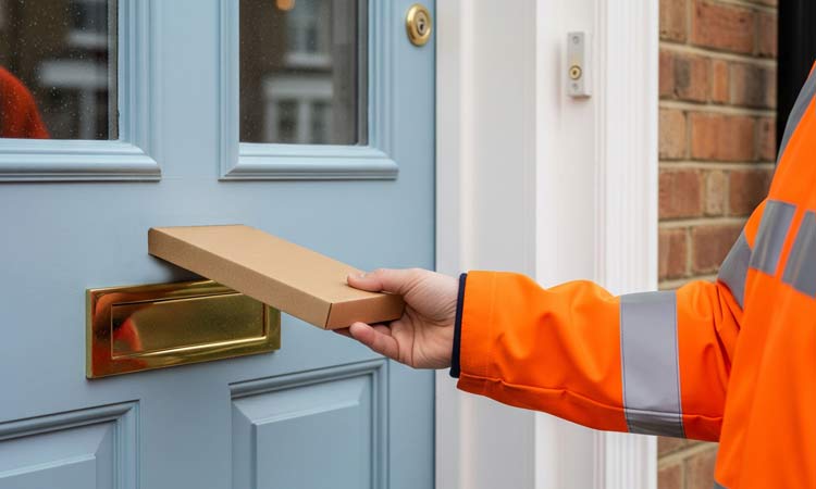 A courier placing a cardboard letterbox pack through a frontdoor.