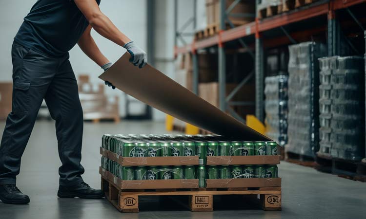 A person placing a corrugated layer pad on a pallet of items in a warehouse.