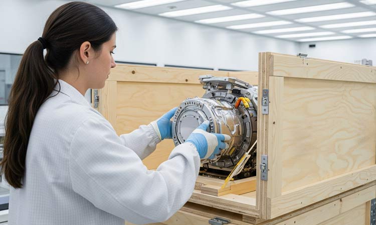 A person placing equipment in a timber crate