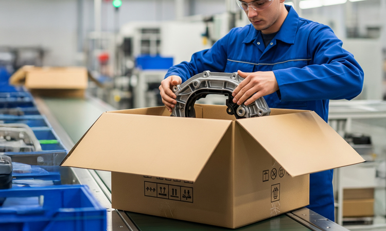 A person loading an industrial part into 0201 transit packaging.