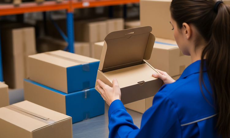 A person assembling 0427 eCommerce boxes in a fulfilment centre.