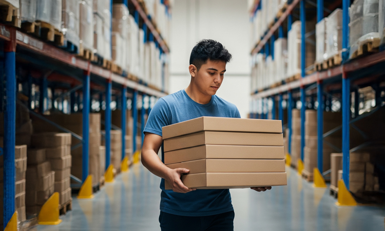 A person carrying 0427 transit packaging in a warehouse.
