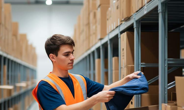 A person taking an item of clothing out of a BDC carton box in a warehouse